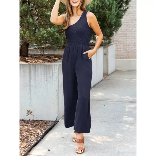 imageZESICA Womens 2023 Summer Casual One Shoulder Sleeveless Smocked High Waist Loose Wide Leg Jumpsuit Romper with PocketsNavy