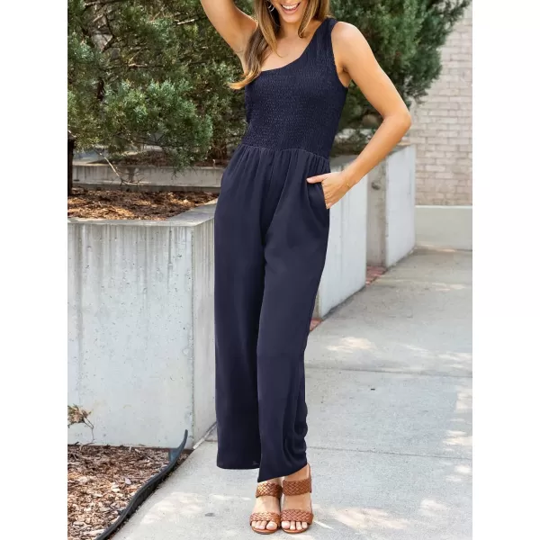 imageZESICA Womens 2023 Summer Casual One Shoulder Sleeveless Smocked High Waist Loose Wide Leg Jumpsuit Romper with PocketsNavy