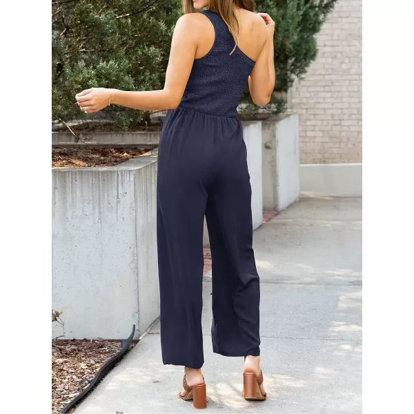imageZESICA Womens 2023 Summer Casual One Shoulder Sleeveless Smocked High Waist Loose Wide Leg Jumpsuit Romper with PocketsNavy