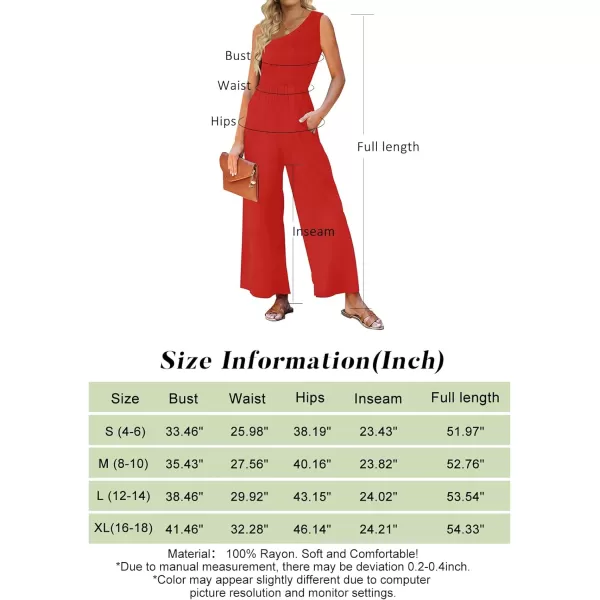 imageZESICA Womens 2023 Summer Casual One Shoulder Sleeveless Smocked High Waist Loose Wide Leg Jumpsuit Romper with PocketsRed
