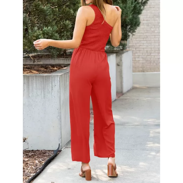 imageZESICA Womens 2023 Summer Casual One Shoulder Sleeveless Smocked High Waist Loose Wide Leg Jumpsuit Romper with PocketsRed