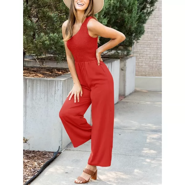 imageZESICA Womens 2023 Summer Casual One Shoulder Sleeveless Smocked High Waist Loose Wide Leg Jumpsuit Romper with PocketsRed