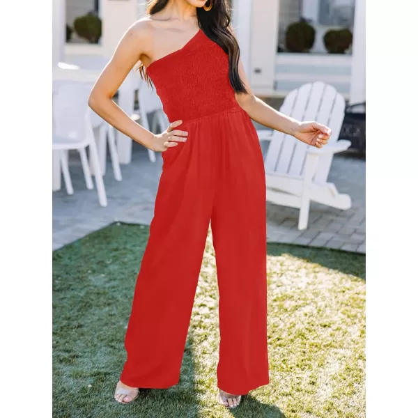 imageZESICA Womens 2023 Summer Casual One Shoulder Sleeveless Smocked High Waist Loose Wide Leg Jumpsuit Romper with PocketsRed