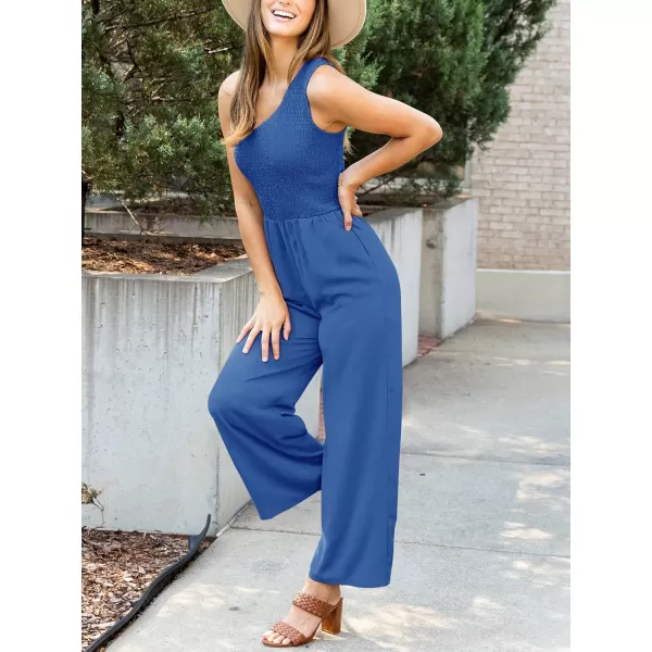 imageZESICA Womens 2023 Summer Casual One Shoulder Sleeveless Smocked High Waist Loose Wide Leg Jumpsuit Romper with PocketsRoyalblue