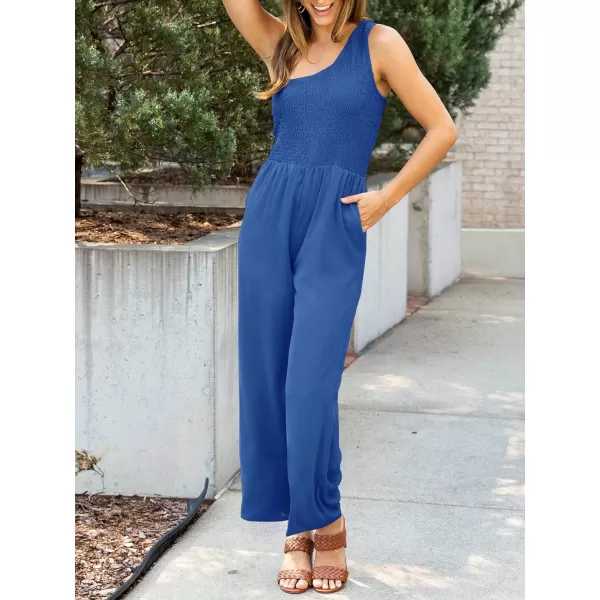 imageZESICA Womens 2023 Summer Casual One Shoulder Sleeveless Smocked High Waist Loose Wide Leg Jumpsuit Romper with PocketsRoyalblue