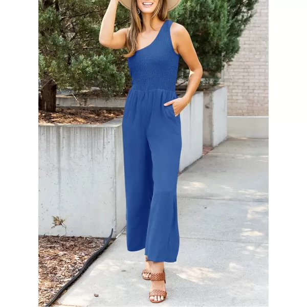 imageZESICA Womens 2023 Summer Casual One Shoulder Sleeveless Smocked High Waist Loose Wide Leg Jumpsuit Romper with PocketsRoyalblue