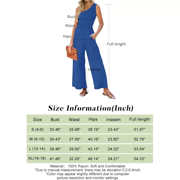 imageZESICA Womens 2023 Summer Casual One Shoulder Sleeveless Smocked High Waist Loose Wide Leg Jumpsuit Romper with PocketsRoyalblue