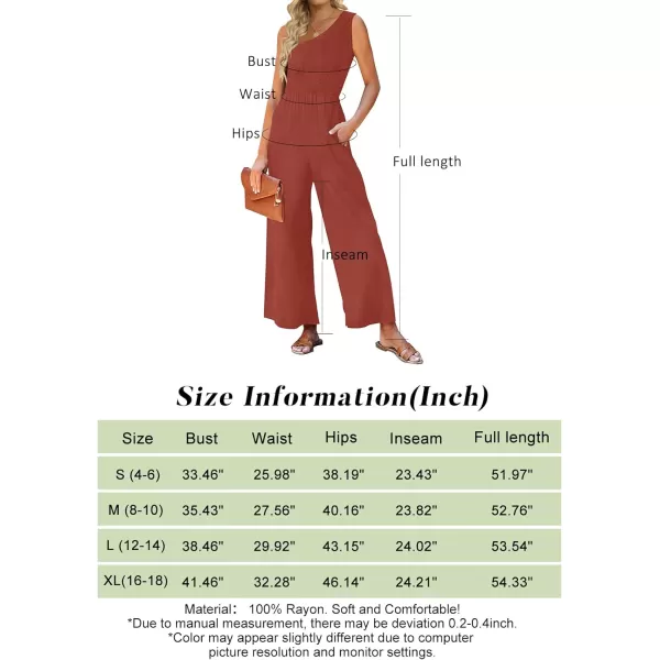 imageZESICA Womens 2023 Summer Casual One Shoulder Sleeveless Smocked High Waist Loose Wide Leg Jumpsuit Romper with PocketsRust