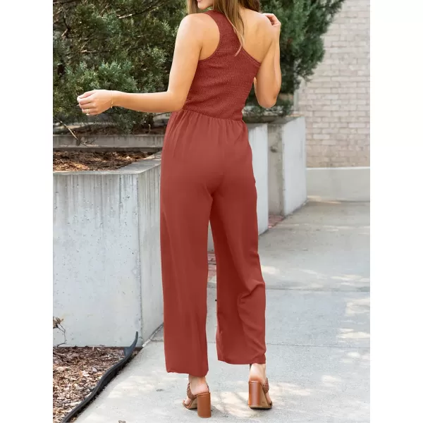 imageZESICA Womens 2023 Summer Casual One Shoulder Sleeveless Smocked High Waist Loose Wide Leg Jumpsuit Romper with PocketsRust