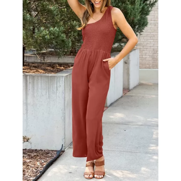 imageZESICA Womens 2023 Summer Casual One Shoulder Sleeveless Smocked High Waist Loose Wide Leg Jumpsuit Romper with PocketsRust
