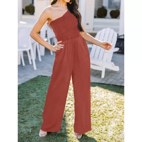 imageZESICA Womens 2023 Summer Casual One Shoulder Sleeveless Smocked High Waist Loose Wide Leg Jumpsuit Romper with PocketsRust