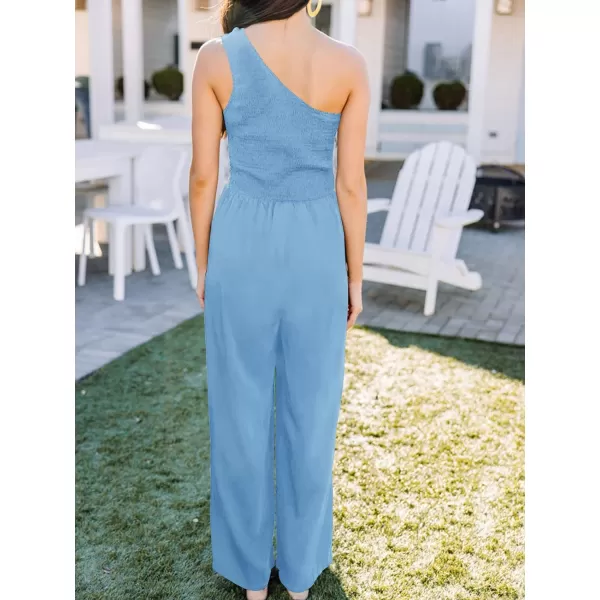 imageZESICA Womens 2023 Summer Casual One Shoulder Sleeveless Smocked High Waist Loose Wide Leg Jumpsuit Romper with PocketsSkyblue