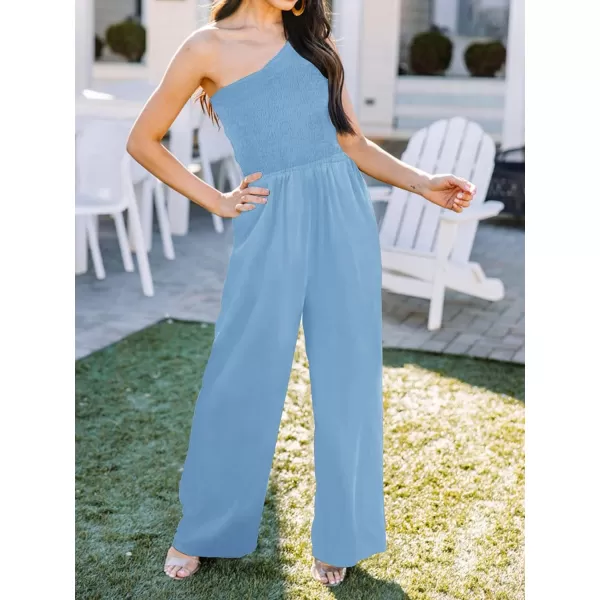 imageZESICA Womens 2023 Summer Casual One Shoulder Sleeveless Smocked High Waist Loose Wide Leg Jumpsuit Romper with PocketsSkyblue