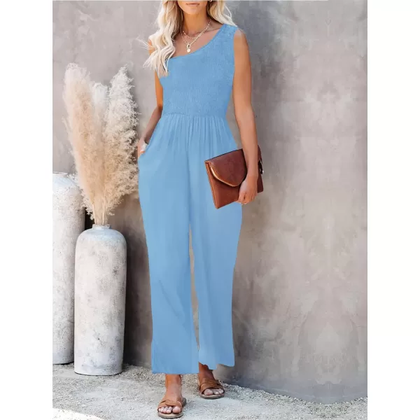 imageZESICA Womens 2023 Summer Casual One Shoulder Sleeveless Smocked High Waist Loose Wide Leg Jumpsuit Romper with PocketsSkyblue