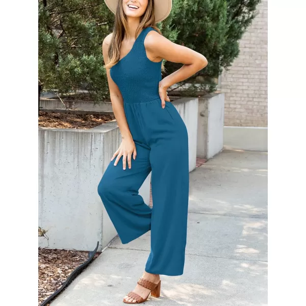 imageZESICA Womens 2023 Summer Casual One Shoulder Sleeveless Smocked High Waist Loose Wide Leg Jumpsuit Romper with PocketsTeal