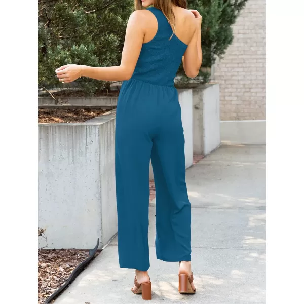 imageZESICA Womens 2023 Summer Casual One Shoulder Sleeveless Smocked High Waist Loose Wide Leg Jumpsuit Romper with PocketsTeal