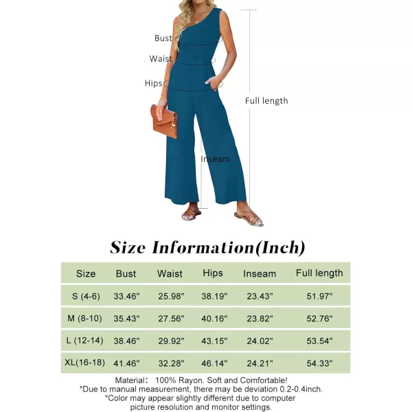 imageZESICA Womens 2023 Summer Casual One Shoulder Sleeveless Smocked High Waist Loose Wide Leg Jumpsuit Romper with PocketsTeal