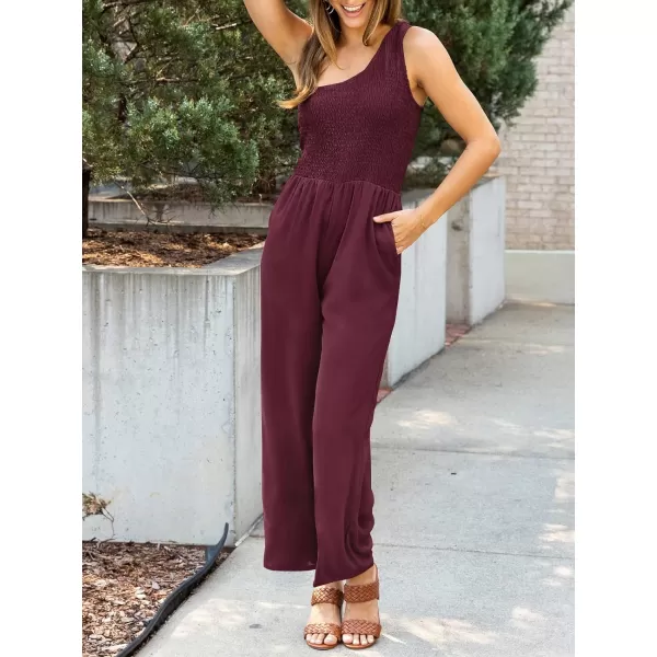 imageZESICA Womens 2023 Summer Casual One Shoulder Sleeveless Smocked High Waist Loose Wide Leg Jumpsuit Romper with PocketsWine