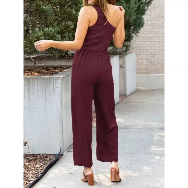 imageZESICA Womens 2023 Summer Casual One Shoulder Sleeveless Smocked High Waist Loose Wide Leg Jumpsuit Romper with PocketsWine