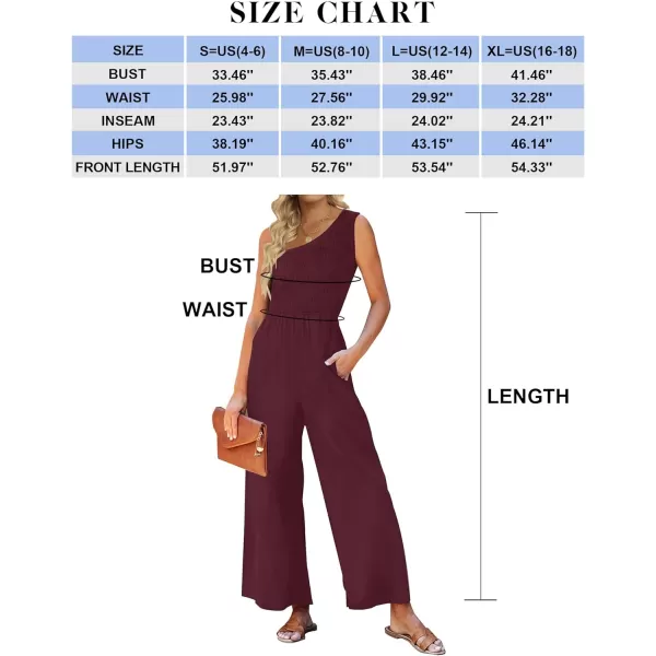 imageZESICA Womens 2023 Summer Casual One Shoulder Sleeveless Smocked High Waist Loose Wide Leg Jumpsuit Romper with PocketsWine