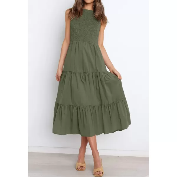 imageZESICA Womens 2023 Summer Casual Sleeveless Crew Neck Smocked High Waist Flowy Tiered A Line Midi DressArmygreen