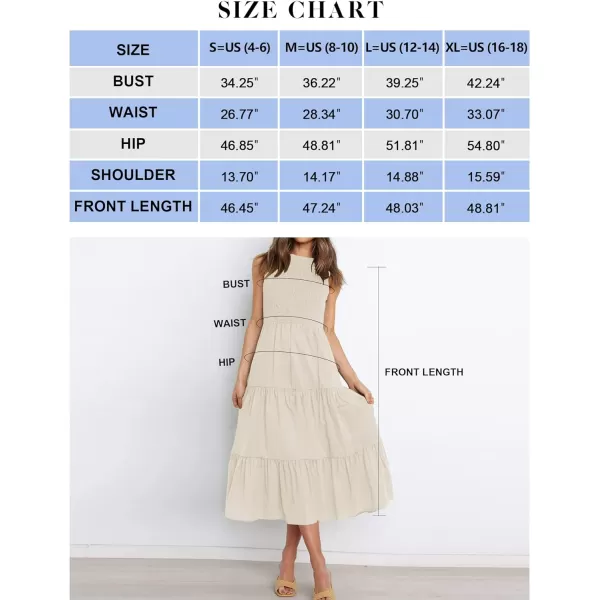 imageZESICA Womens 2023 Summer Casual Sleeveless Crew Neck Smocked High Waist Flowy Tiered A Line Midi DressBeige