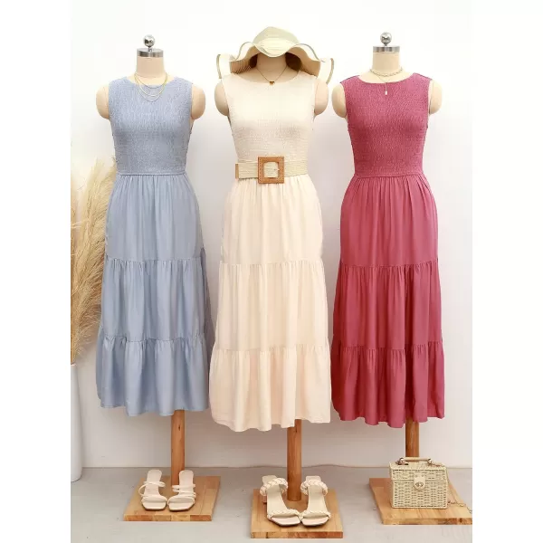 imageZESICA Womens 2023 Summer Casual Sleeveless Crew Neck Smocked High Waist Flowy Tiered A Line Midi DressBeige