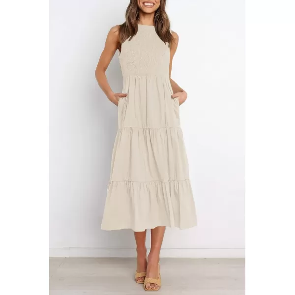 imageZESICA Womens 2023 Summer Casual Sleeveless Crew Neck Smocked High Waist Flowy Tiered A Line Midi DressBeige