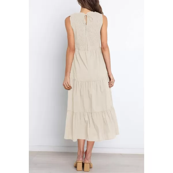 imageZESICA Womens 2023 Summer Casual Sleeveless Crew Neck Smocked High Waist Flowy Tiered A Line Midi DressBeige