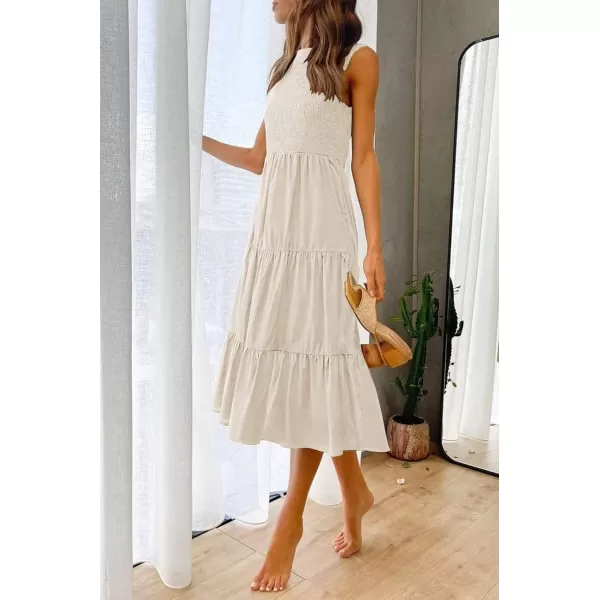 imageZESICA Womens 2023 Summer Casual Sleeveless Crew Neck Smocked High Waist Flowy Tiered A Line Midi DressBeige