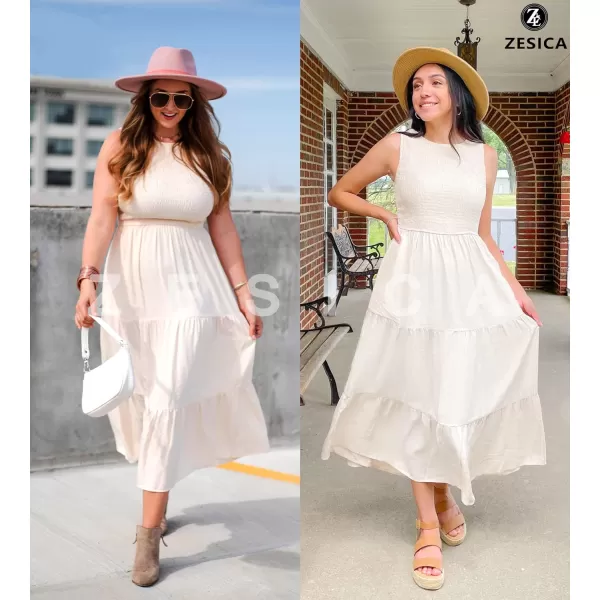 imageZESICA Womens 2023 Summer Casual Sleeveless Crew Neck Smocked High Waist Flowy Tiered A Line Midi DressBeige