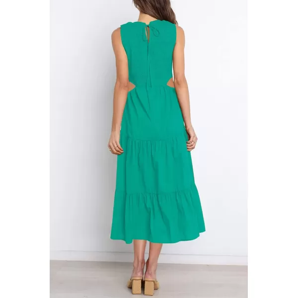 imageZESICA Womens 2023 Summer Casual Sleeveless Crew Neck Smocked High Waist Flowy Tiered A Line Midi DressCutoutgreen