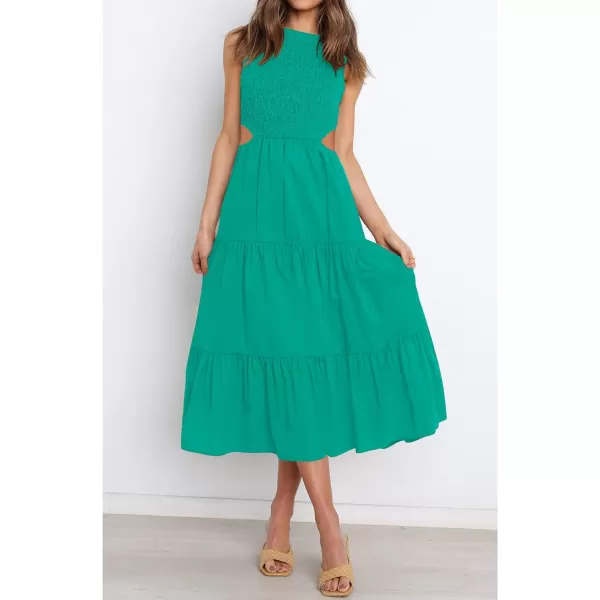 imageZESICA Womens 2023 Summer Casual Sleeveless Crew Neck Smocked High Waist Flowy Tiered A Line Midi DressCutoutgreen