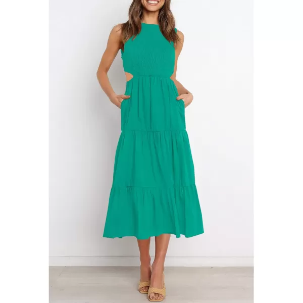 imageZESICA Womens 2023 Summer Casual Sleeveless Crew Neck Smocked High Waist Flowy Tiered A Line Midi DressCutoutgreen