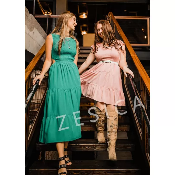 imageZESICA Womens 2023 Summer Casual Sleeveless Crew Neck Smocked High Waist Flowy Tiered A Line Midi DressCutoutgreen