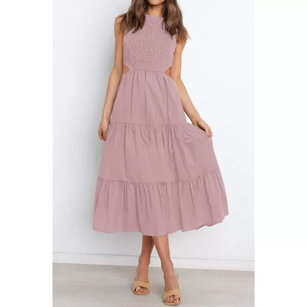 imageZESICA Womens 2023 Summer Casual Sleeveless Crew Neck Smocked High Waist Flowy Tiered A Line Midi DressCutoutpink