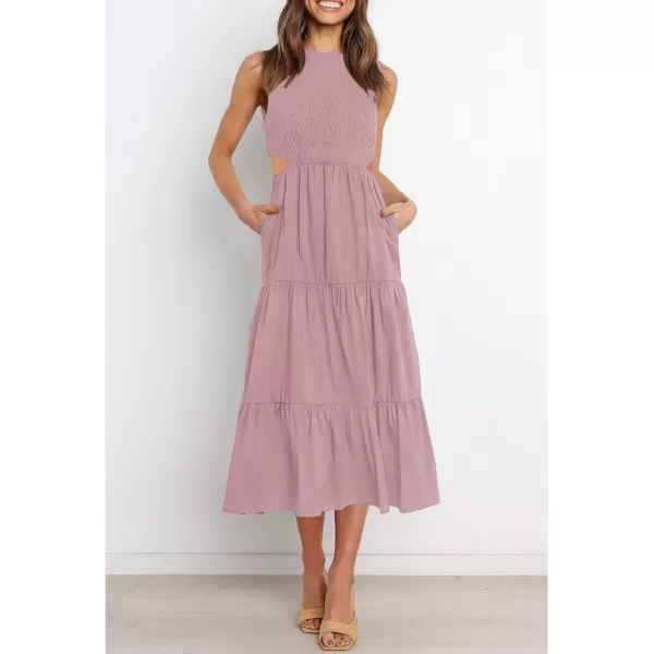 imageZESICA Womens 2023 Summer Casual Sleeveless Crew Neck Smocked High Waist Flowy Tiered A Line Midi DressCutoutpink
