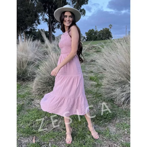 imageZESICA Womens 2023 Summer Casual Sleeveless Crew Neck Smocked High Waist Flowy Tiered A Line Midi DressCutoutpink