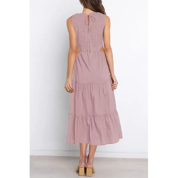 imageZESICA Womens 2023 Summer Casual Sleeveless Crew Neck Smocked High Waist Flowy Tiered A Line Midi DressCutoutpink