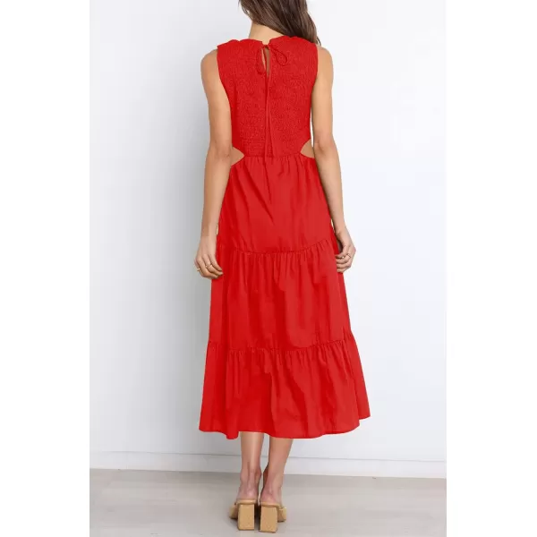 imageZESICA Womens 2023 Summer Casual Sleeveless Crew Neck Smocked High Waist Flowy Tiered A Line Midi DressCutoutred