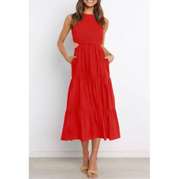 imageZESICA Womens 2023 Summer Casual Sleeveless Crew Neck Smocked High Waist Flowy Tiered A Line Midi DressCutoutred