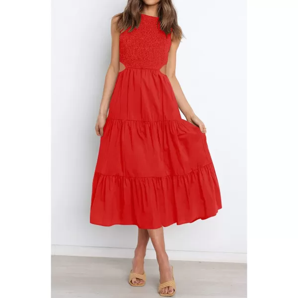 imageZESICA Womens 2023 Summer Casual Sleeveless Crew Neck Smocked High Waist Flowy Tiered A Line Midi DressCutoutred