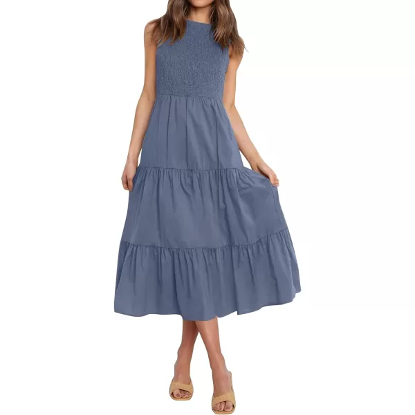 imageZESICA Womens 2023 Summer Casual Sleeveless Crew Neck Smocked High Waist Flowy Tiered A Line Midi DressDustyblue