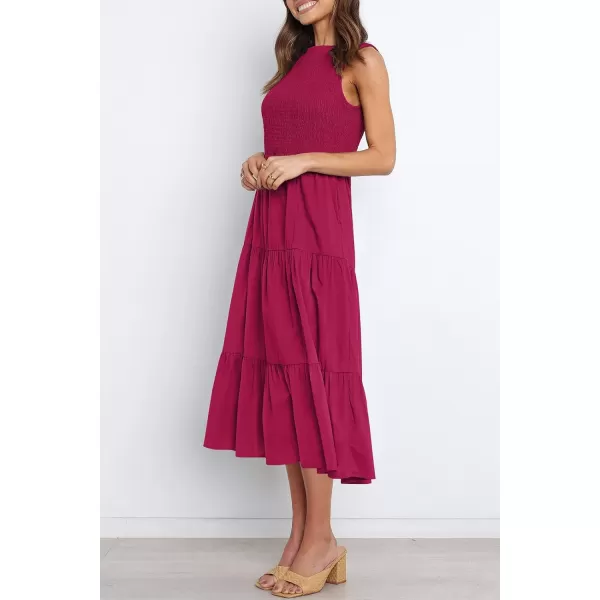 imageZESICA Womens 2023 Summer Casual Sleeveless Crew Neck Smocked High Waist Flowy Tiered A Line Midi DressPlum