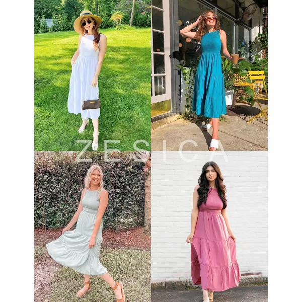 imageZESICA Womens 2023 Summer Casual Sleeveless Crew Neck Smocked High Waist Flowy Tiered A Line Midi DressPlum