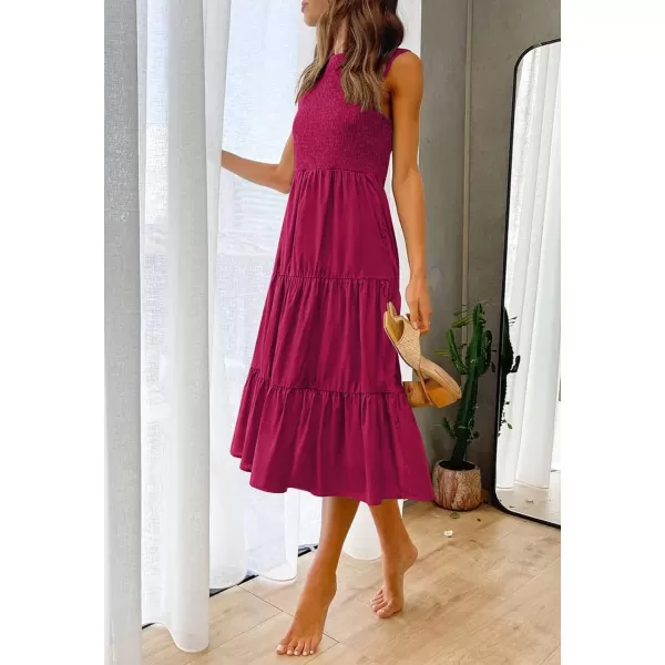 imageZESICA Womens 2023 Summer Casual Sleeveless Crew Neck Smocked High Waist Flowy Tiered A Line Midi DressPlum
