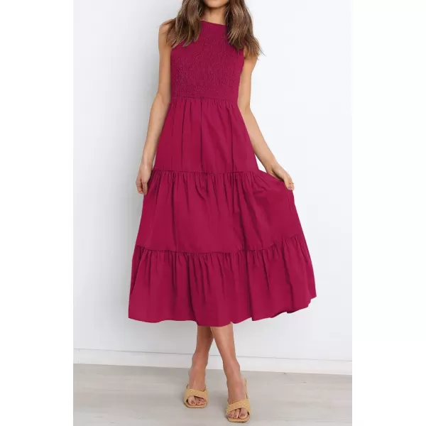 imageZESICA Womens 2023 Summer Casual Sleeveless Crew Neck Smocked High Waist Flowy Tiered A Line Midi DressPlum