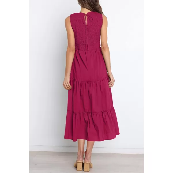 imageZESICA Womens 2023 Summer Casual Sleeveless Crew Neck Smocked High Waist Flowy Tiered A Line Midi DressPlum