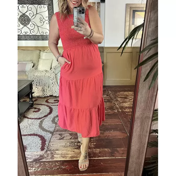 imageZESICA Womens 2023 Summer Casual Sleeveless Crew Neck Smocked High Waist Flowy Tiered A Line Midi DressWatermelon