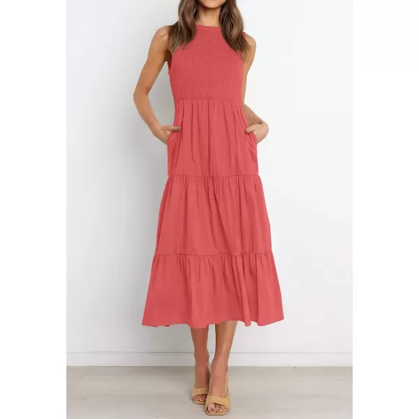 imageZESICA Womens 2023 Summer Casual Sleeveless Crew Neck Smocked High Waist Flowy Tiered A Line Midi DressWatermelon